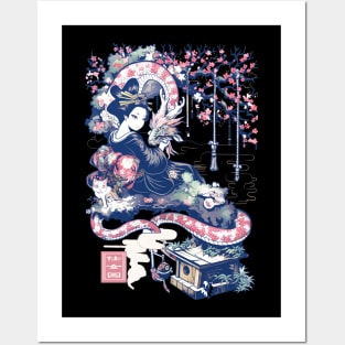 Japanese Girl With Dragon and Cats T-Shirt 04 Posters and Art